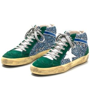 Women's Green Mid Star Glitter Suede And Leather Sneakers